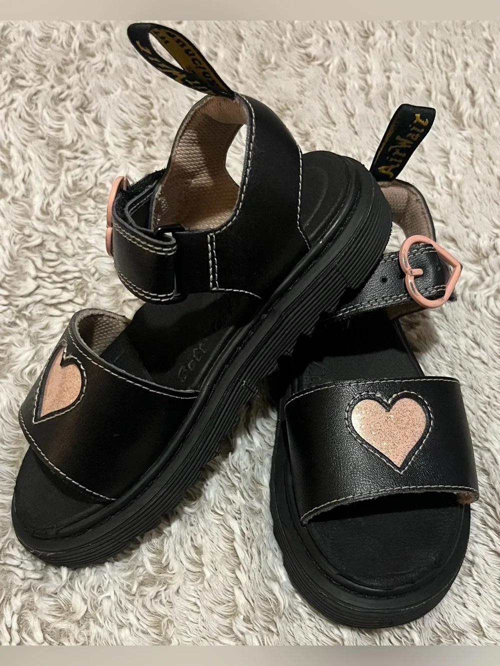 Dr. Martens Black Kids Sandals with Pink Glitter Hearts